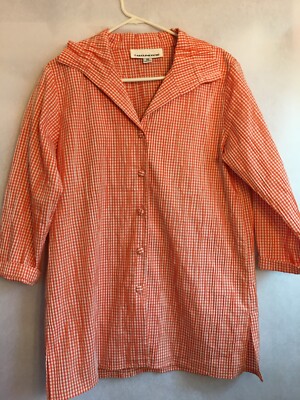 Vintage Caroline Rose Top Womens XL Orange Gingham Button Up Tunic 3/4 Sleeve