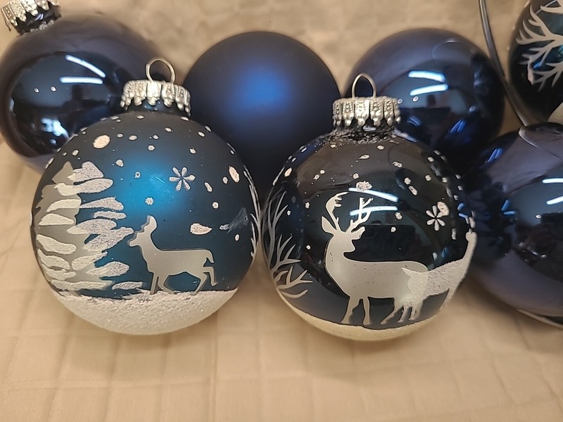 Lot of 16 Christmas Ornament Blue Deer Snow Trees Matte Shiny 3"
