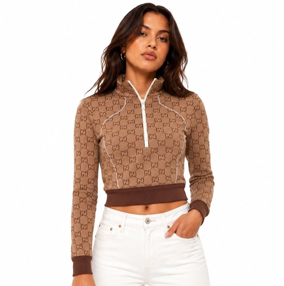 Gucci — Gucci Womens Top GG Monogram Cropped Half Zip Beige Brown Long Sleeve Size Small