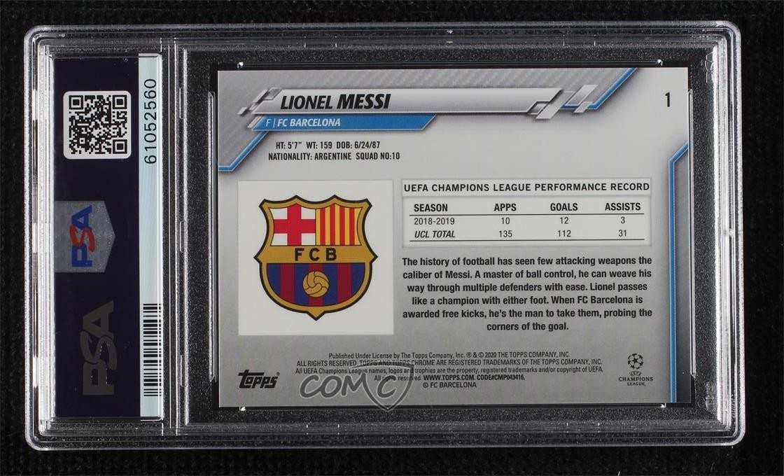 2019-20 Topps Chrome UCL Sapphire Edition Lionel Messi #1 PSA 10 GEM MT 1u0o view 2