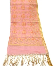 Indian Vintage Dupatta Pink Long Stole Hand Embroidery Chanderi Scarves Veil