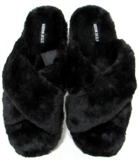 Steve Madden Black Fuzzy Faux Fur Slippers Womens L 9/10 Crisscross Slide Plush