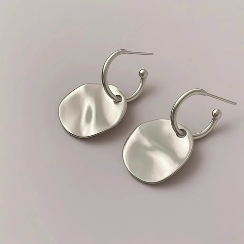 925 Sterling Silver Hammered Disc Drop Hoop Earrings Matte Round Women Gift