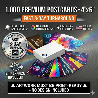 FAST 3-DAY 1000 Custom Postcards 4x6 Glossy 16pt Premium Print - MADE IN USA - Image 1 of 4