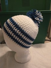 Unisex Crochet Beanie. White w/ Teal Stripes. Soft And Stretchy. USA Made