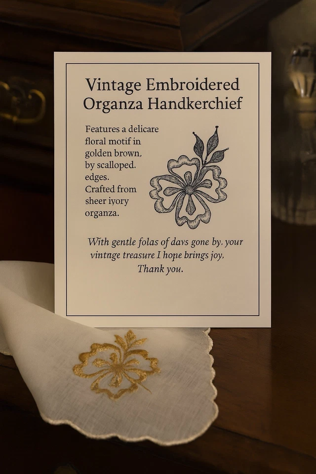 Pañuelo de organza transparente vintage/bordado a mano - motivo floral marrón. 24cm Foto 2 de 4