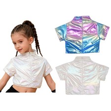 Kids Girls Metallic Jazz Dance Holographic Crop Top Y2K Hip Hop Competition Tee