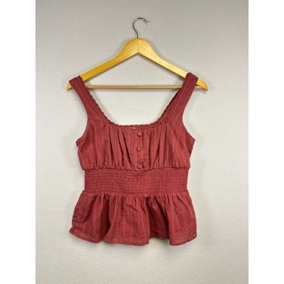Francescas Mi Ami Smocked Peplum Tank Top Square Neck Rose Red Medium Coquette