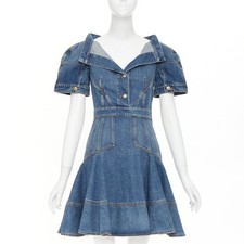 ALEXANDER MCQUEEN 2021 Runway blue denim open boat neck puff sleeve dress IT40 S