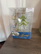 Merry Holiday Christmas Tree And 9 Wine Charms Ornament Set Handmade Art Glass