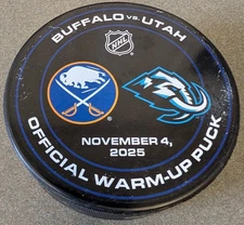 Buffalo Sabres Vs Utah Mammoth Hockey Club Game Used Warm Up Puck 11/4/2025