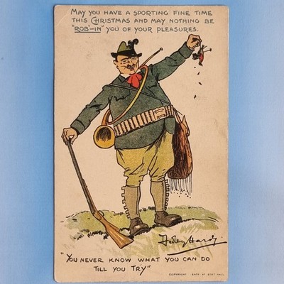 Comic Postkarte um 1925 Jäger plus vier Schrotflinte Sportzeit Dudley Hardy