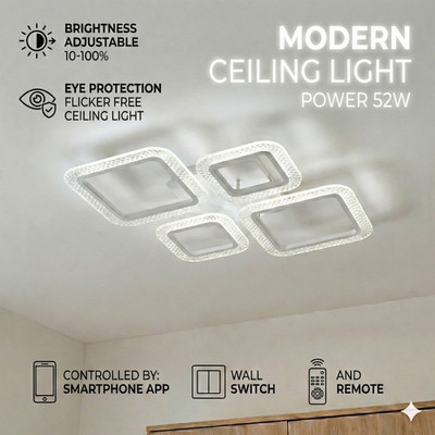 Dimmbare LED Deckenleuchte Modern 4-eckig Unterputz Wohnzimmer, Fernbedienung