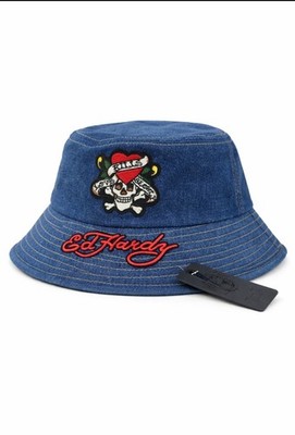 Ed Hardy Denim Bucket Hat Blue Skull Heart Embroidered Logo O/S NWT