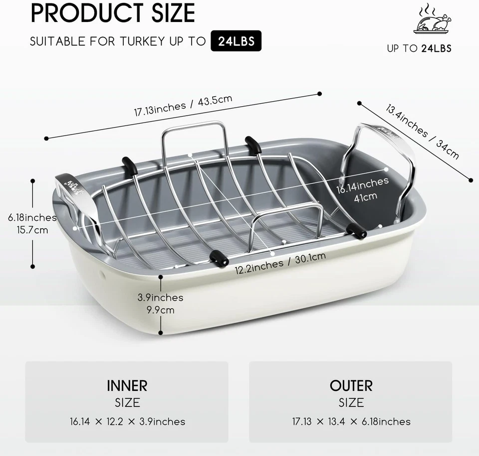 Assadeira, 17 polegadas X 13 polegadas torrador com rack removível, assador antiaderente Pa - Imagem 4 de 4
