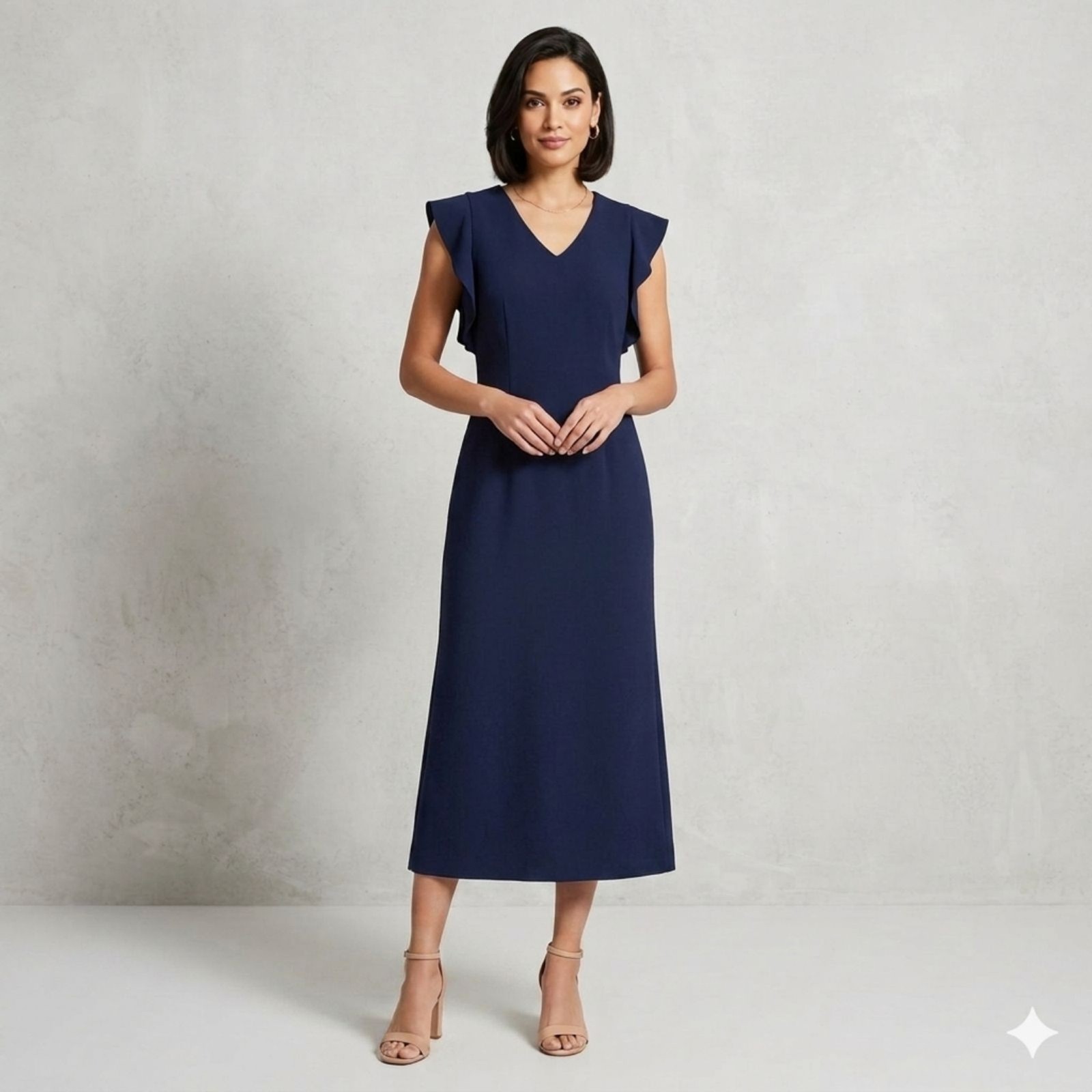 Antonio Melani Navy Blue Midi Dress 14 V-Neck Flutter Ruffle Sleeve Sheath Party