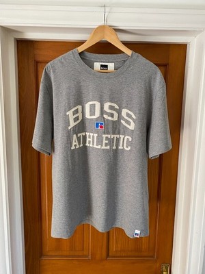 Hugo Boss x Russell Athletic T-Shirt Herren Gr. XL Relaxed Fit Grau Spellout