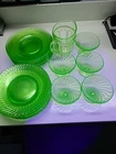 Beautiful Vintage Depression Era Green Glass 14 Plates Five Glasses And Picture.