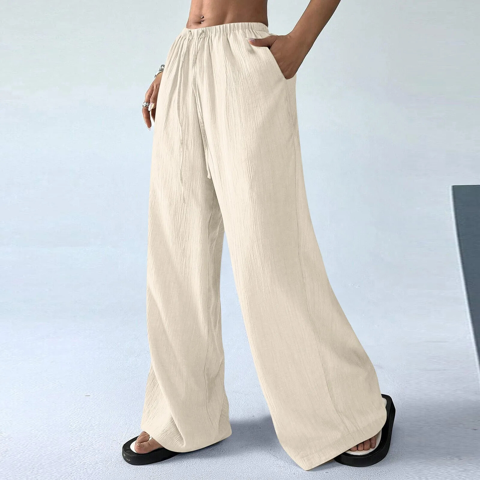 Women's Drawstring Waist Texture Pocket Loose Casual Wide Leg Pants Summer