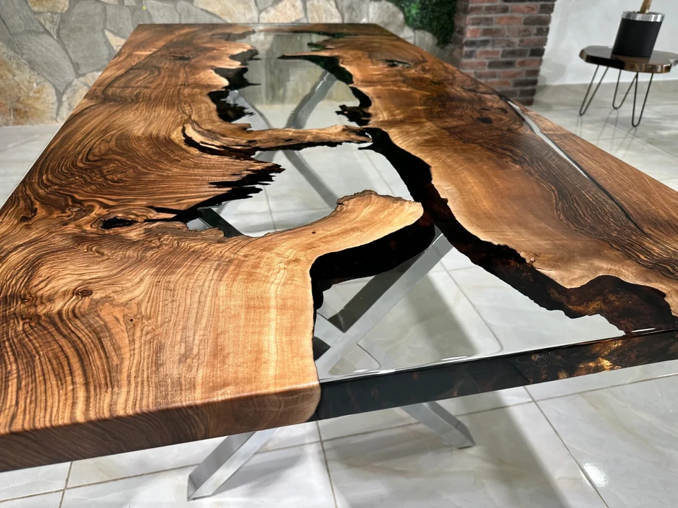 Live Edge Epoxy Waterfall Dining Table | 60" x 30" Dark Walnut Wood Resin Table - Image 4 of 4