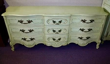 French Provincial 9-Drawer Dresser Hand Painted Scroll/Leaf Motif.  By ROMWEBER