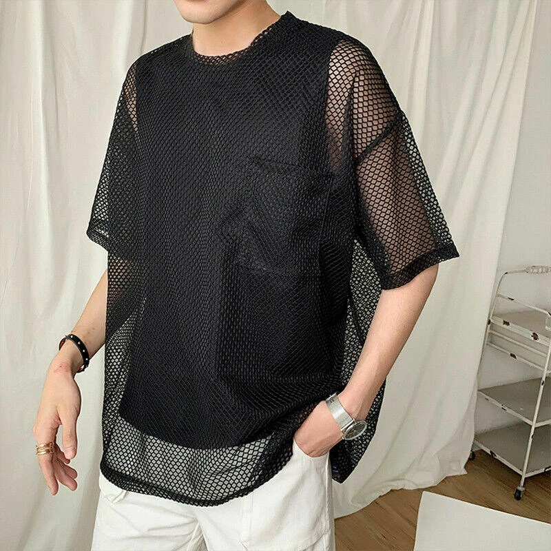 Men Vest T-Shirt Fishnet Mesh Shirt Short Sleeve Tops See-Through Summer  Top New