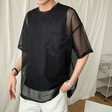 Men Vest T-Shirt Fishnet Mesh Shirt Short Sleeve Tops See-Through Summer Tops