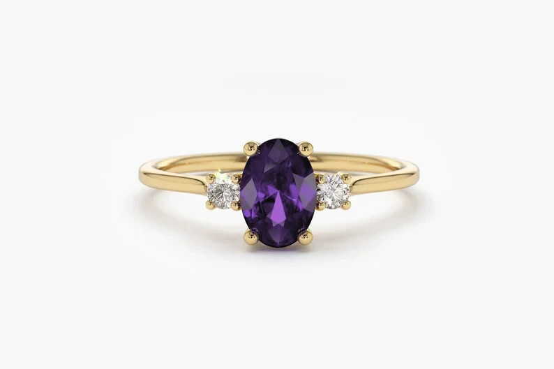 Amethyst Ring / Amethyst Engagement Ring in 14k Gold / Oval Cut Natural Amethyst-image