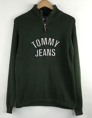 TOMMY HILFIGER Sweater MENS S BIG LOGO SPELL OUT GREEN 1/4 ZIP PULLOVER  Vintage