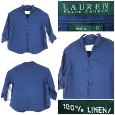 Ralph Lauren Womens 1X Plus Relaxed (46 in Bust) Blue Linen 3/4 Sleeve Top