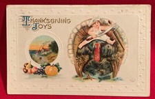 Postcard,Thanksgiving Joys,Turkey,Chef,knife,Antique,Divided Back,Postmarked1912