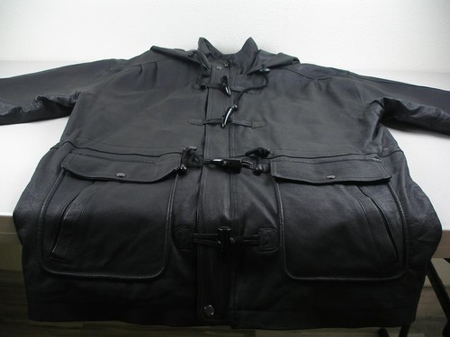 Men's L XL Wilsons Black Leather Duffle Toggle Coat Parka Hooded Insulated Long - Picture 10 of 21