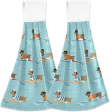 Summer Dachshund Dogs Hanging Kitchen Towel 2 Pack Beach Blue Hand Towels Cute