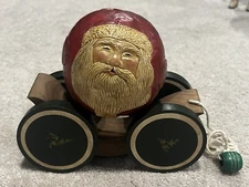 VINTAGE BRIERE FOLK ART PULL TOY SANTA BALL CART SIGNED 1986