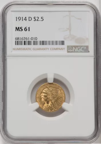 1914-D INDIAN HEAD $2.5 QUARTER EAGLE GOLD NGC MS61