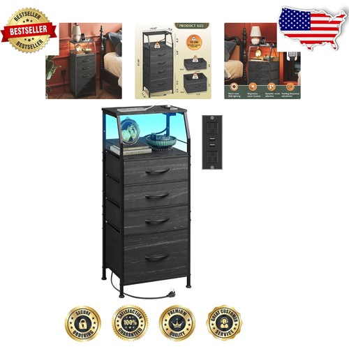 Compact 4 Drawer Bedside Table with LED Light & Charging Ports - Charcoal Finish