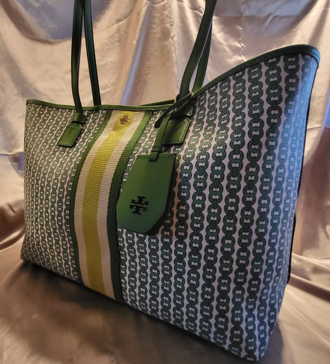 TORY BURCH Green White Stripe Gemini Link Small Tote Shoulder Bag