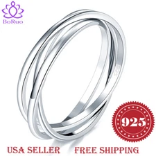 BORUO 925 Sterling Silver Ring Triple Interlocked Rolling Wedding Band Size 4-12