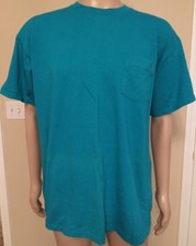 Vintage 90s Blank Pocket T Shirt Turquoise Blue USA Made Size XL