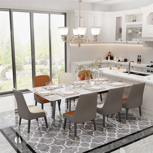 Premium Textured Stone Top Extendable Dining Room Table Steel Legs f 6-10 People - Picture 2 of 25