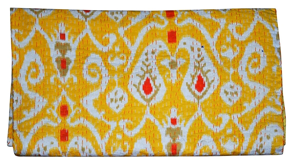 Edredón Kantha indio hecho a mano amarillo estampado cachemir doble ropa de cama boho Gudari Foto 4 de 4