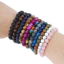 7.5" Stone Beads Bracelet Elastic Stretch Bangle 6MM Round Bead Multi-Style