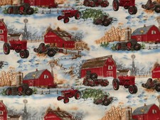Vintage Tractors Farmall Winter Scenery Trees Barn Red Tractor Cotton Fabric FQ