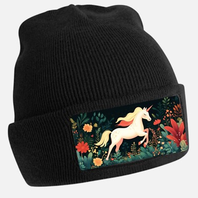 Black Beanie Hat with Cool Unicorn Motif - Unisex Cap, Cotton
