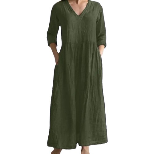 Übergröße Damen V-Ausschnitt Baumwolle Leinen Maxikleid Kaftan Freizeit Baggy langes Kleid - Bild 6 von 14
