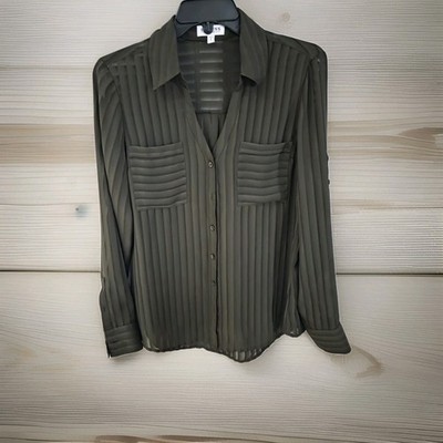 Express The Portofino M Shirt  Dark Green Striped Top Button Up Blouse NWOT 