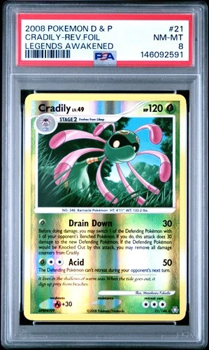 2008 POKEMON DIAMOND & PEARL LEGENDS AWAKENED #21 CRADILY-REVERSE FOIL PSA 8
