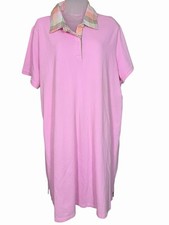 Lands’ End Polo Dress 2X Pink Knit Cotton Stretch Check Collar Preppy Tennis