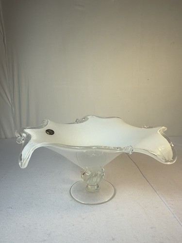 Murano Glass Pedestal Bowl White Crystal Italy Centerpiece Vintage