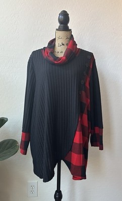 NWT Ali Miles Brushed Buffalo Plaid Knit Cowl Neck Pullover Tunic Size 2X